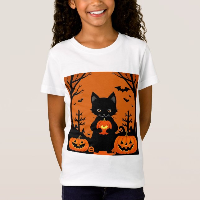 Camiseta Gato Preto Bonito com Pumpkins do Halloween (Frente)
