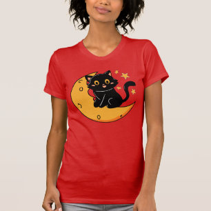 Camiseta Gato preto bonito sentado na lua