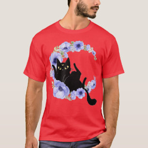 Camiseta Gato preto-branco Crescente Flor Azul Lua Luna Cel