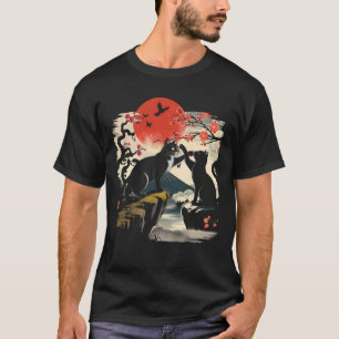 Camiseta Gato Preto Brincando no Estilo de Arte Japonês Sun