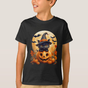 Camiseta Gato Preto Bruxa Abóbora Fantasia de Halloween Ret