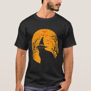 Camiseta Gato Preto Bruxa Lua Cheia Vintage Halloween Homen