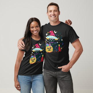 Camiseta Gato Preto Bruxo de Halloween Abóbora Mágica