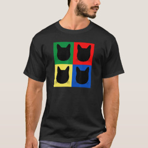 Camiseta Gato Preto Cabeça Silhueta Quadrados Listrado Mã