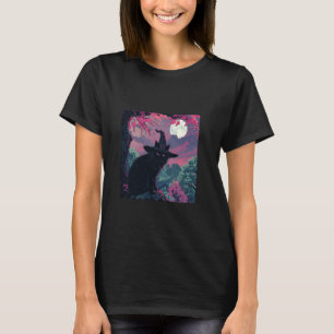 Camiseta Gato Preto Chapéu de Bruxa Flores de Cerejeira