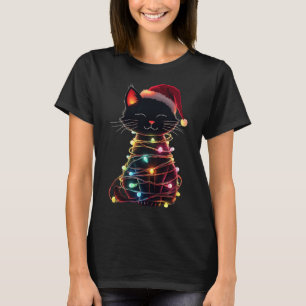 Camiseta Gato Preto Chapéu de Natal do Papai Noel Meowy Cat