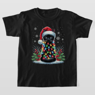 Camiseta Gato Preto Chapéu de Natal Papai Noel Engraçado Me