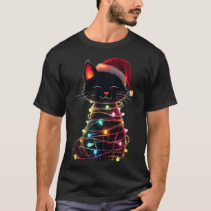 Camiseta Gato Preto Chapéu de Natal Santa Meowy Cats 2