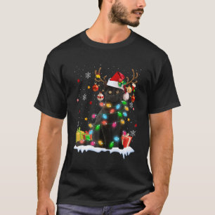 Camiseta Gato Preto Chapéu de Papai Noel Rena Luzes de Nata