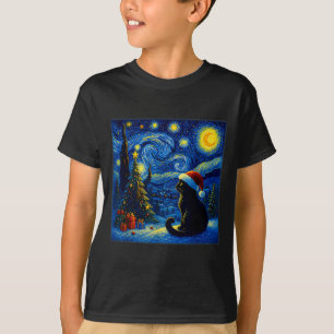 Camiseta Gato Preto Chapéu de Papai Noel Van Gogh Noite Est