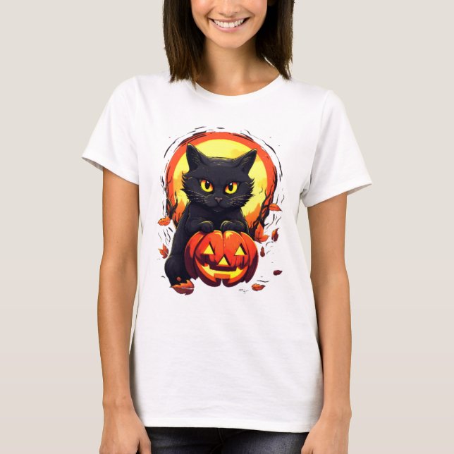 Camiseta Gato Preto Cinto Chato de Lua Pumpkin Moderno Hall (Frente)