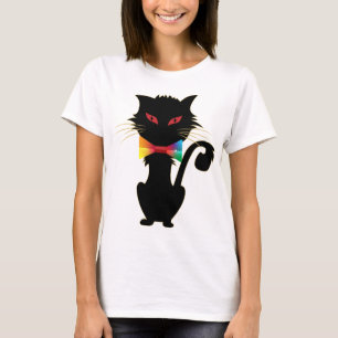 Camiseta Gato Preto Cinto Vermelho Olhos Arco-Íris Design