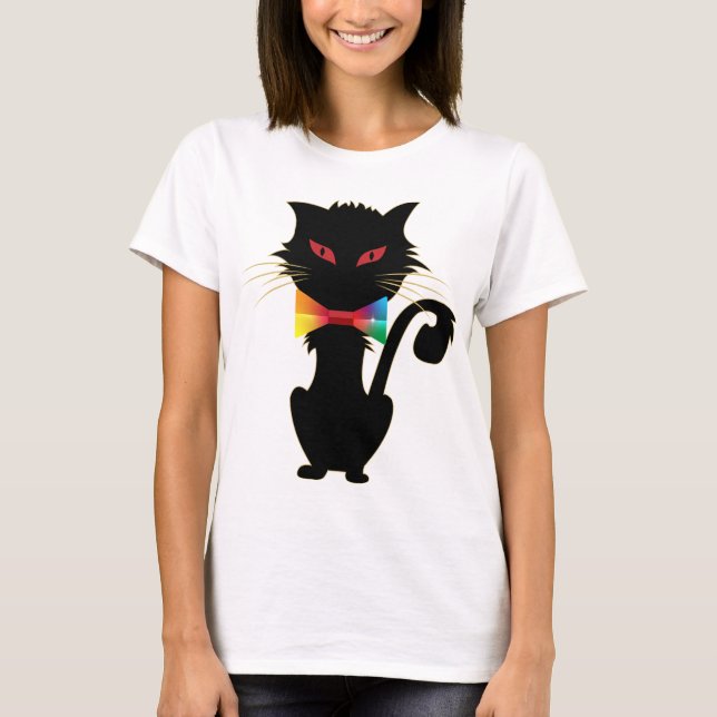 Camiseta Gato Preto Cinto Vermelho Olhos Arco-Íris Design (Frente)