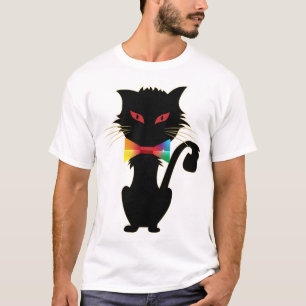 Camiseta Gato Preto Cinto Vermelho Olhos Arco-Íris Trabalho