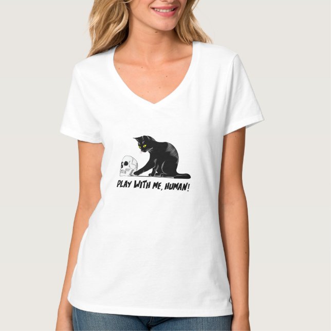 Camiseta Gato Preto Com Caveira Brincando Comigo Cansado (Frente)