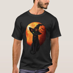 Camiseta Gato Preto com Chapéu de Bruxa Lua Cheia Halloween