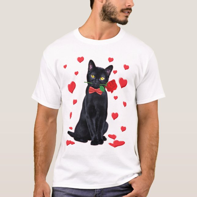 Camiseta Gato Preto Com Dia de os namorados Rosa Namorados  (Frente)