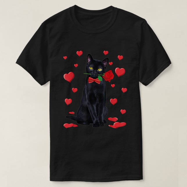 Camiseta Gato Preto Com Dia de os namorados Rosa, Namorados (Frente do Design)