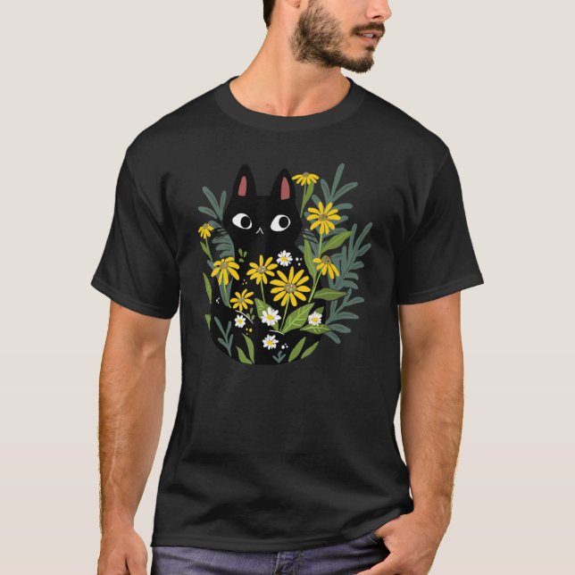 Camiseta Gato Preto Com Flores Daisy Garden (Frente)