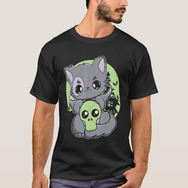 Camiseta Gato Preto Com Item Mágico Para Witchcore E Yander (Frente)