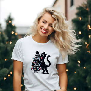 Camiseta Gato Preto Com Luzes de Árvore de Natal