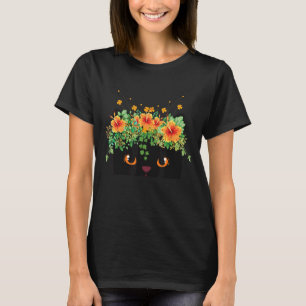 Camiseta Gato Preto Com Olhos Laranja E Flores Laranja