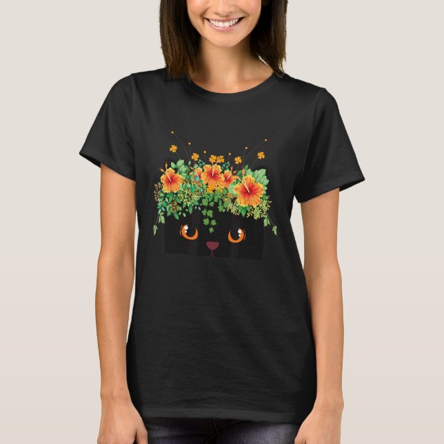 Camiseta Gato Preto Com Olhos Laranja E Flores Laranja (Frente)