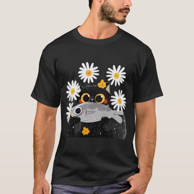 Camiseta Gato preto com seu peixe favorito (Frente)