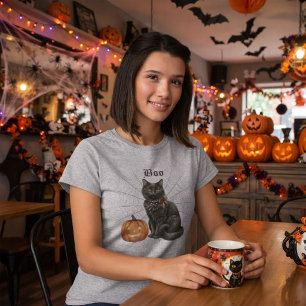 Camiseta Gato preto com teia de aranha e Jack o Lantern. Bo