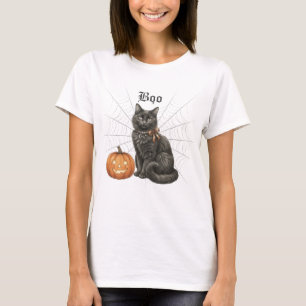 Camiseta Gato preto com teia de aranha e Jack o Lanterna. B