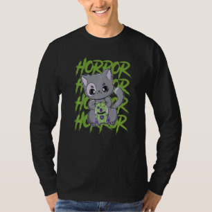 Camiseta Gato Preto Com Urso de Pelúcia Para Fãs de Horror