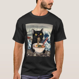 Camiseta Gato Preto Comendo Macarrão Ramen Arte da Onda Jap