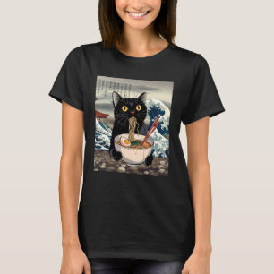 Camiseta Gato Preto Comendo Macarrão Ramen Arte da Onda Jap