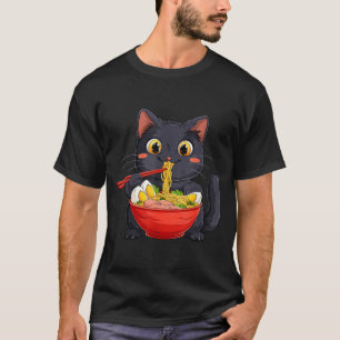 Camiseta Gato Preto Comendo Macarrão Ramen Estilo Anime Kaw