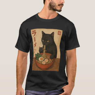 Camiseta Gato Preto Comendo Ramen Estilo Japonês Divertido