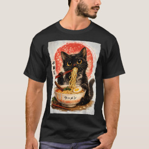 Camiseta Gato Preto Comendo Ramen Fofo Kawaii Anime Gato