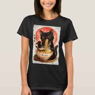 Camiseta Gato Preto Comendo Ramen Fofo Kawaii Anime Gato