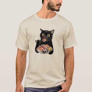 Camiseta Gato Preto Comendo Sushi Com Hashis