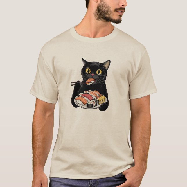 Camiseta Gato Preto Comendo Sushi Com Hashis (Frente)