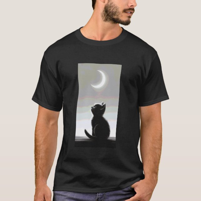 Camiseta Gato Preto Contemplando a Lua Crescente Minimalist (Frente)