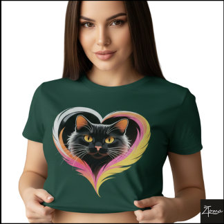 Camiseta Gato Preto Coração de Pena Neon Pop Art