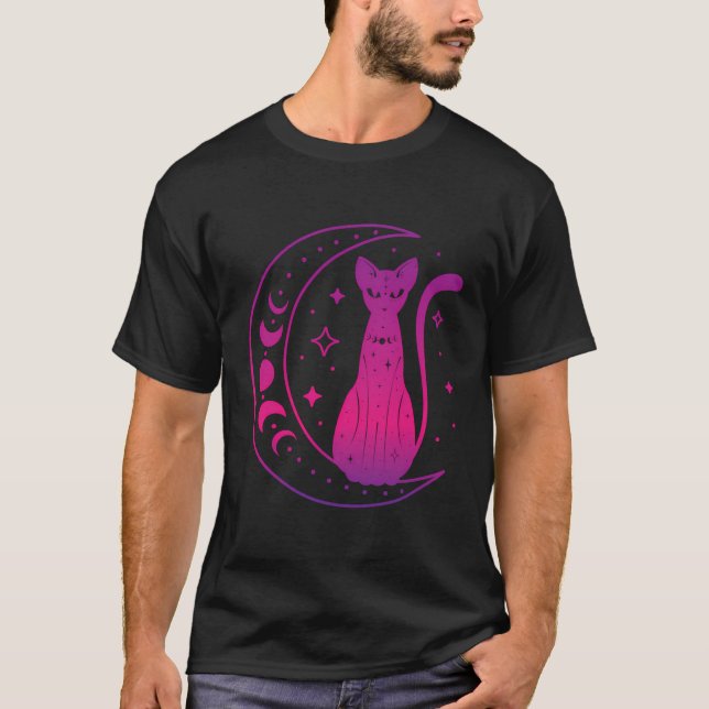 Camiseta Gato Preto Da Wicca Familiar Com Ciclo De Lua Mági (Frente)