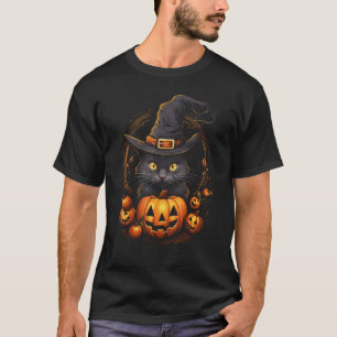 Camiseta Gato Preto de Abóbora do Dia das Bruxas Chapéu de