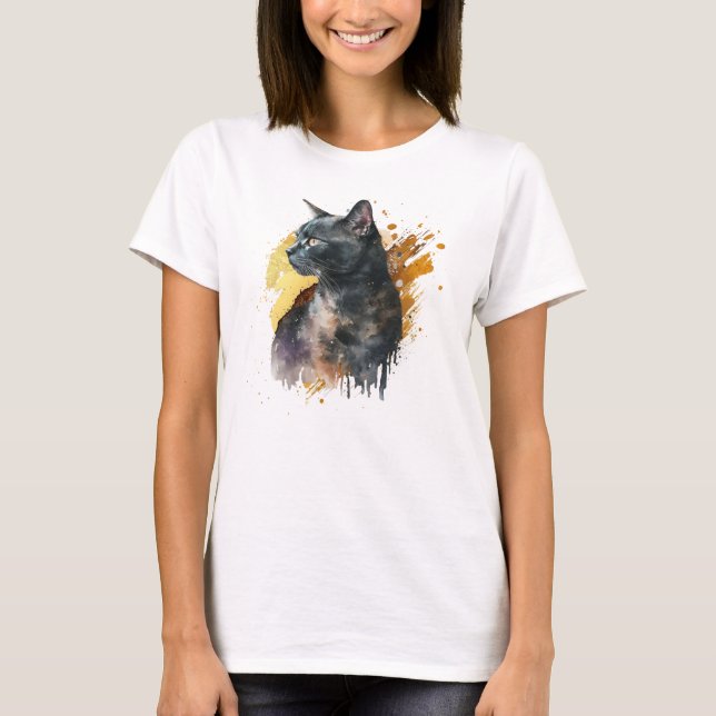 Camiseta Gato Preto de Aquarela (Frente)