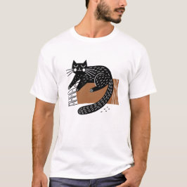 Camiseta Gato preto de arte popular minimalista sentado em 