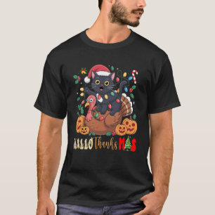 Camiseta Gato Preto de Chapéu de Papai Noel Funny HalloThan