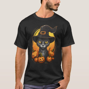 Camiseta Gato Preto de Halloween Abóbora Bruxa Chapéu Fanta