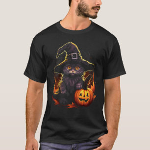 Camiseta Gato Preto de Halloween Abóbora Chapéu de Bruxa Ga