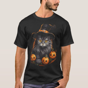 Camiseta Gato Preto de Halloween Abóbora Chapéu de Bruxa Si