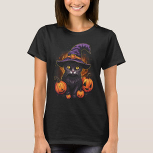 Camiseta Gato Preto de Halloween Abóbora Chapéu de Bruxa Te